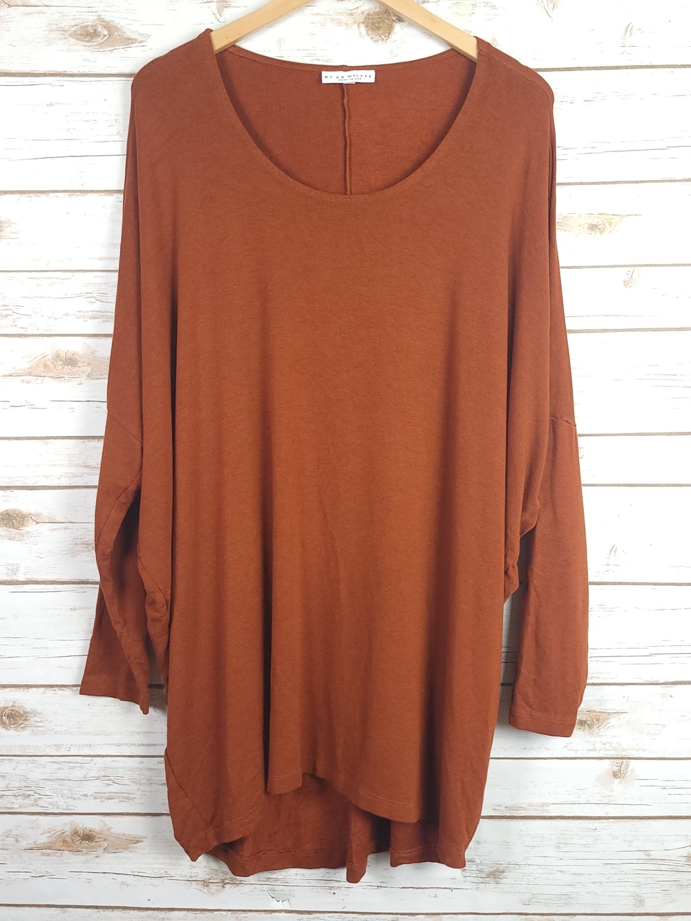 bryn Walker Relaxed Scoop-Neck Tunic in Rust Orange Large Stretch Long Sleeve